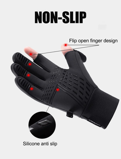 Winter Flip Open Two Finger Gloves Men Women Warm Touch Screen Gloves Outdoor Windproof Waterproof Cycling Skiing Fishing Gloves