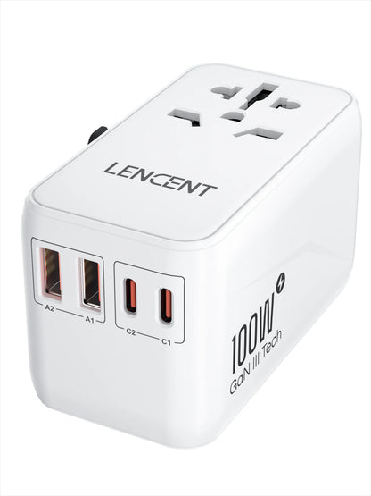 LENCENT 65W/100W GaN International Travel Adapter with 2USB 3 Type C GaN Fast Charging Adapter with EU AU US UK Plug for Travel