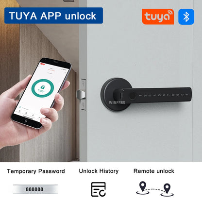 WINFREE Smart Fingerprint Lock Tuya Bluetooth Passcode Card Wooden Door Bedroom Keyless Entry Smart Lock Alexa Google Assistant