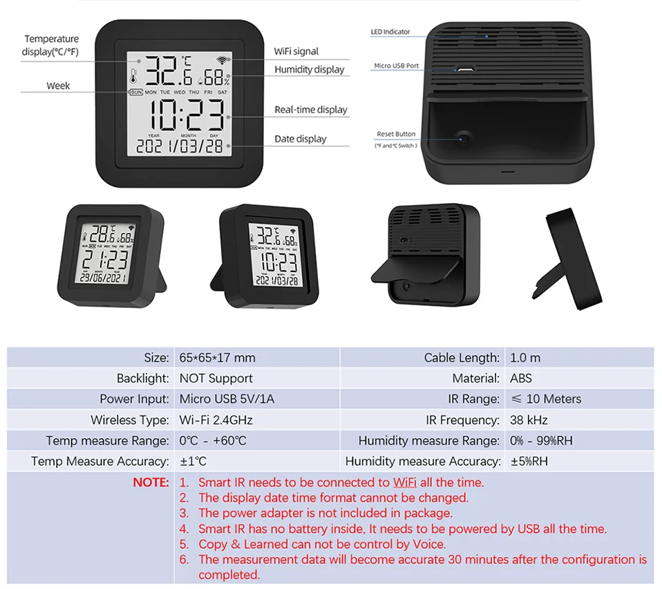 Tuya Smart Universal IR Remote With Temperature Humidity Sensor for Air Conditioner TV AC Works with Alexa Google Home Yandex