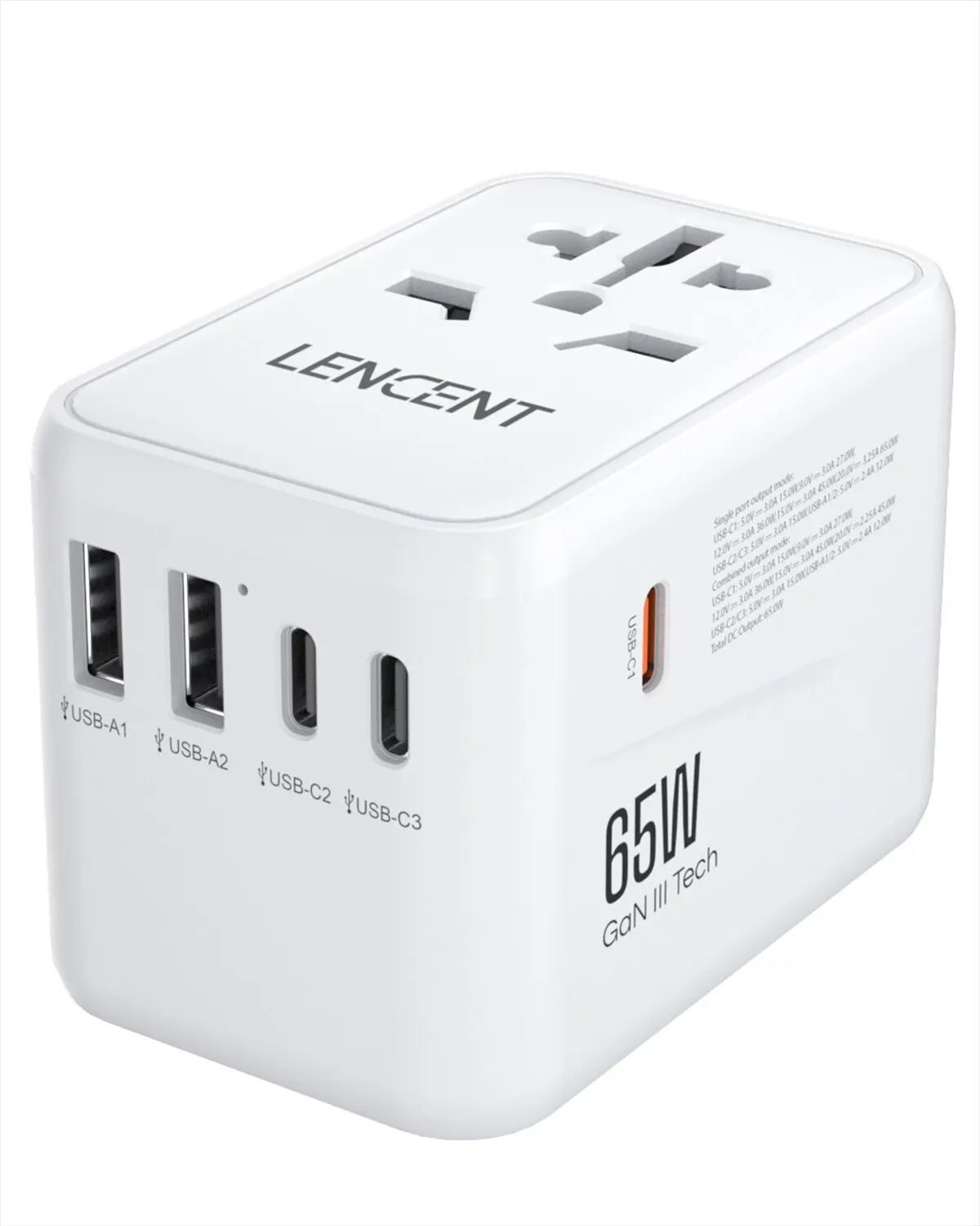 LENCENT 65W/100W GaN International Travel Adapter with 2USB 3 Type C GaN Fast Charging Adapter with EU AU US UK Plug for Travel