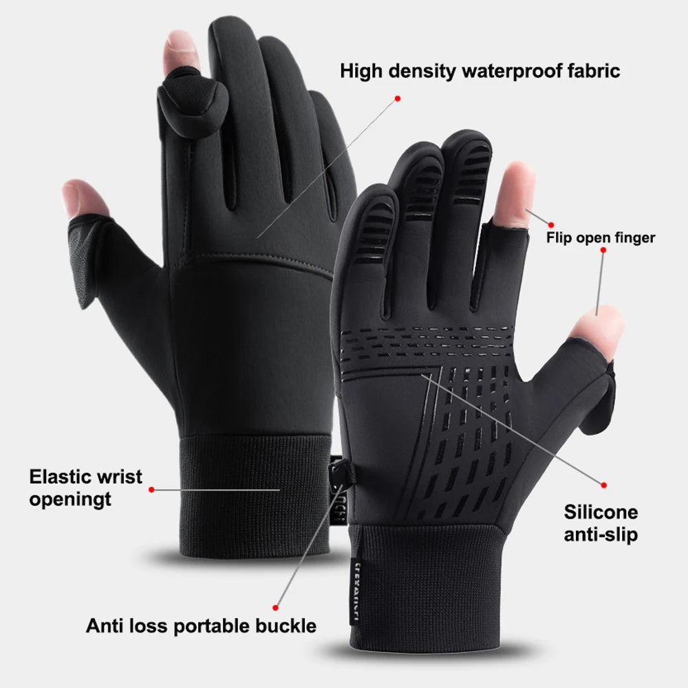 Winter Flip Open Two Finger Gloves Men Women Warm Touch Screen Gloves Outdoor Windproof Waterproof Cycling Skiing Fishing Gloves