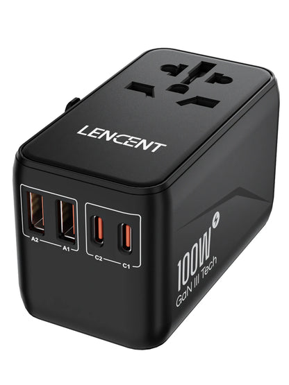 LENCENT 65W/100W GaN International Travel Adapter with 2USB 3 Type C GaN Fast Charging Adapter with EU AU US UK Plug for Travel