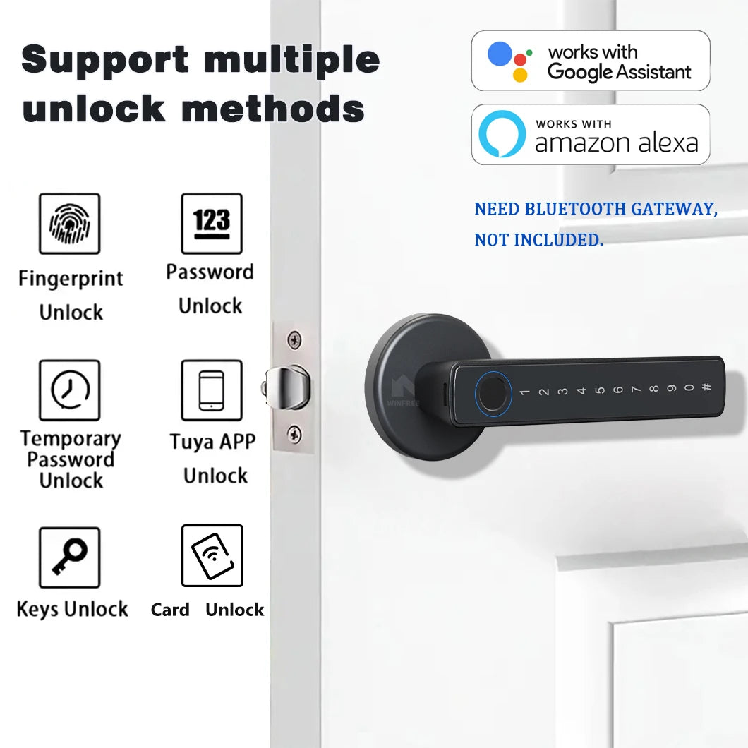 WINFREE Smart Fingerprint Lock Tuya Bluetooth Passcode Card Wooden Door Bedroom Keyless Entry Smart Lock Alexa Google Assistant