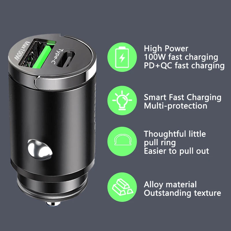 100W Mini Car Charger Lighter Fast Charging for iPhone QC3.0 Mini PD USB Type C Car Phone Charger for Xiaomi Samsung Huawei