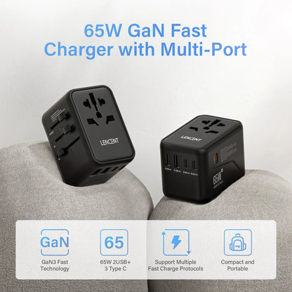 LENCENT 65W/100W GaN International Travel Adapter with 2USB 3 Type C GaN Fast Charging Adapter with EU AU US UK Plug for Travel